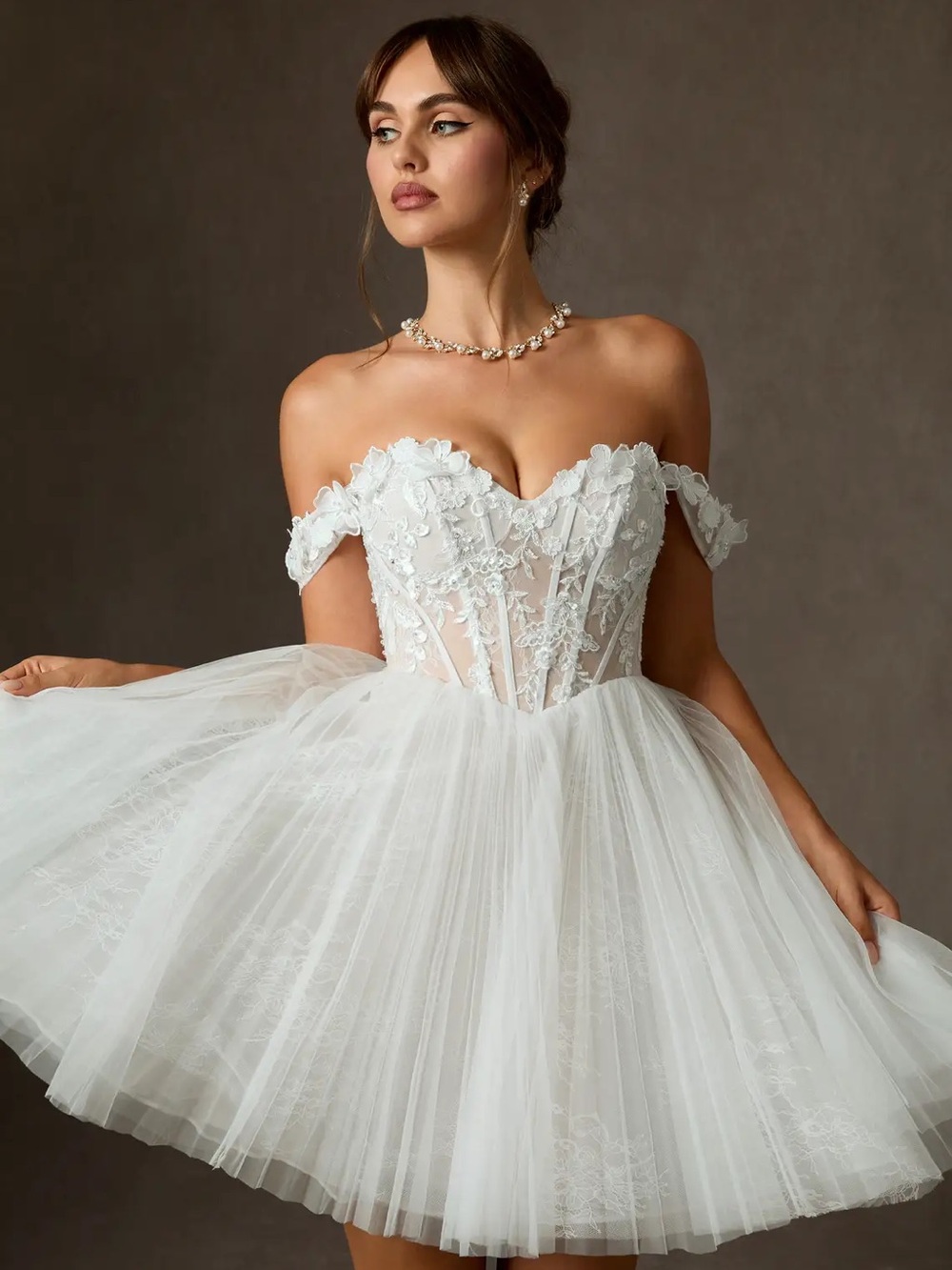 Azazie Strapless White Tulle Short Dress with Floral Lace Bodice